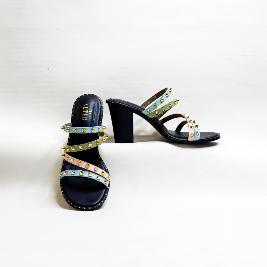 Multi Colour Studded Strappy Block Heels