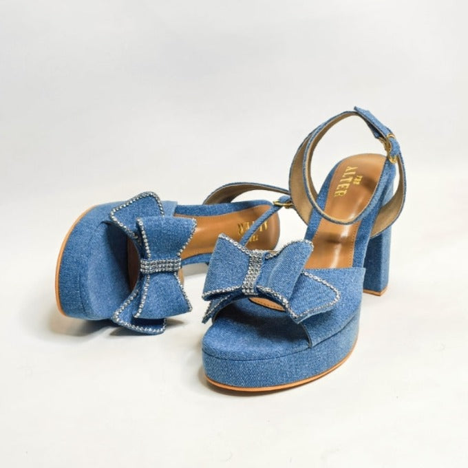 Denim Bow Block Heels