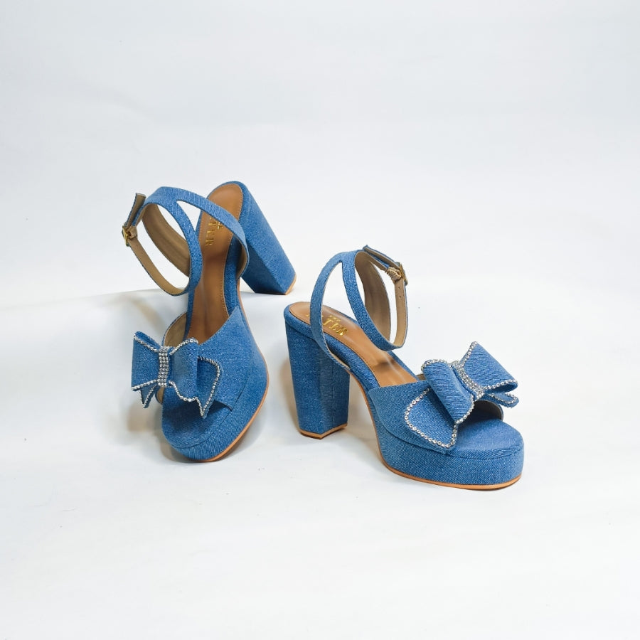 Denim Bow Block Heels