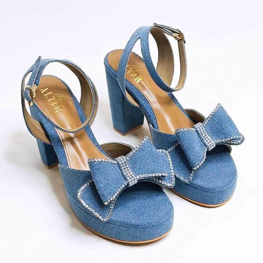 Denim Bow Block Heels