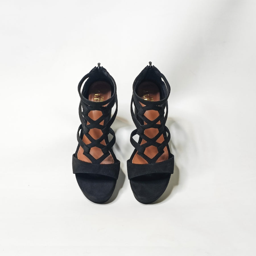 Black Suede Gold Ankle Straps Block Heels Pump Gladiator Sandals Shoes
