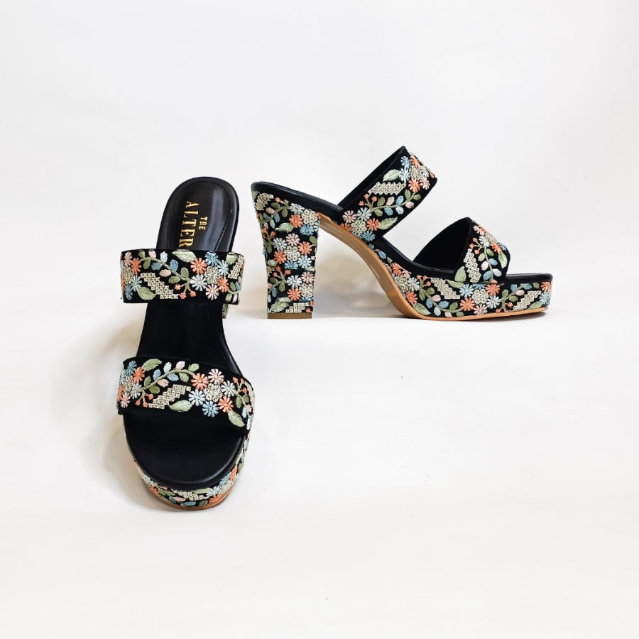 Flora Embroidered Block Heels