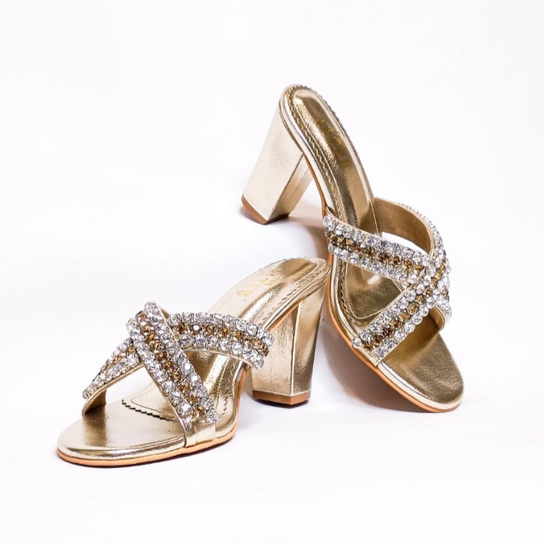 Criss Cross Embellished Block Heels