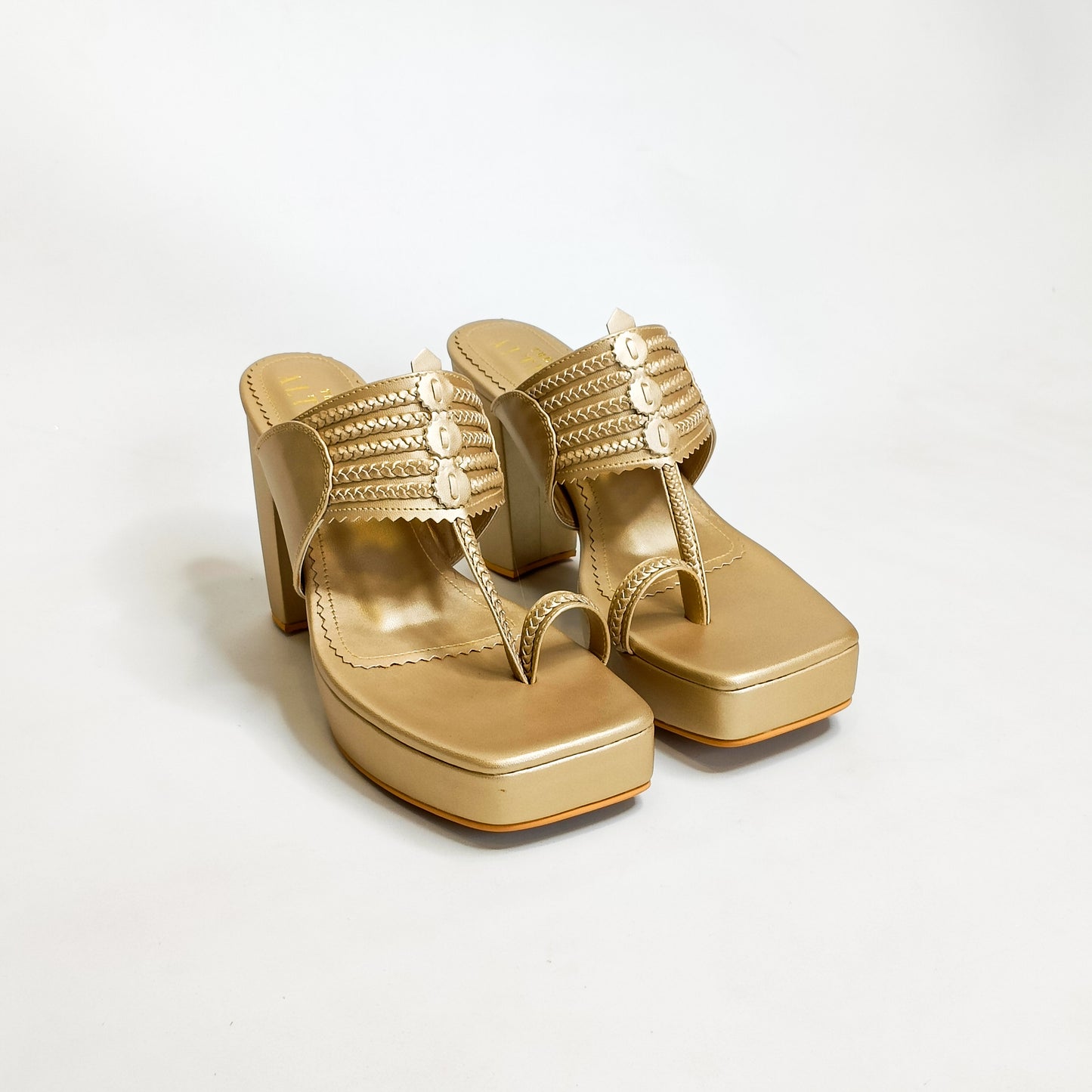 T shaped Champagne Gold Kohla Block Heels