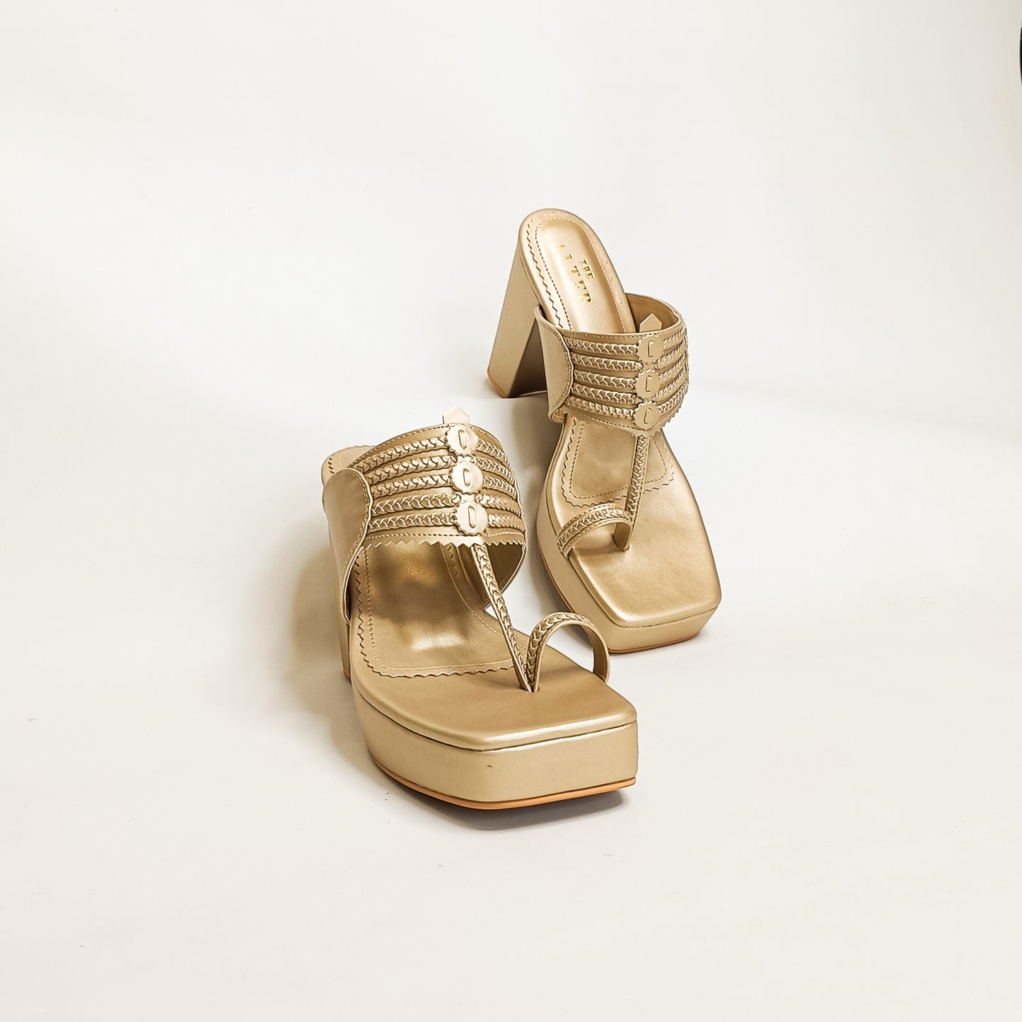 T shaped Champagne Gold Kohla Block Heels