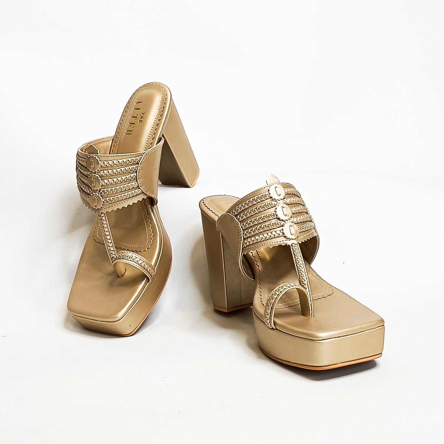 T shaped Champagne Gold Kohla Block Heels