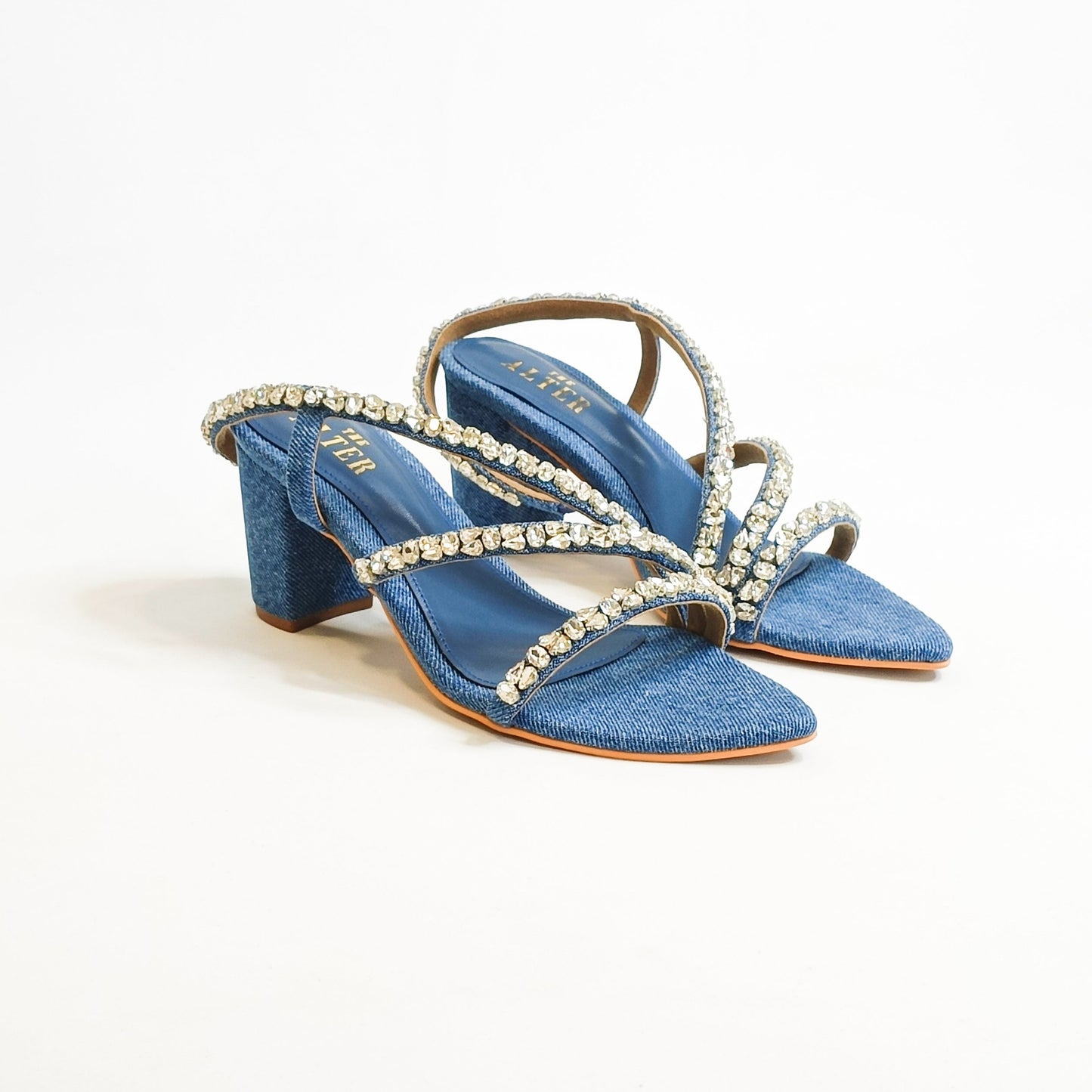 Kiara Denim Embellished Block Heels