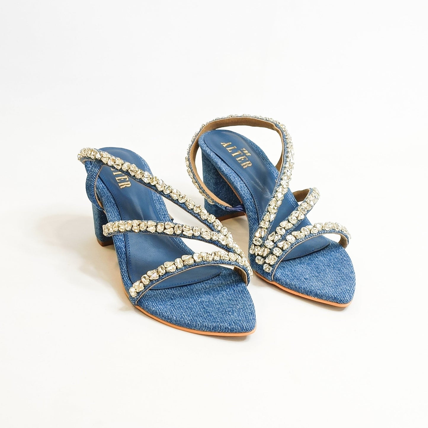 Kiara Denim Embellished Block Heels