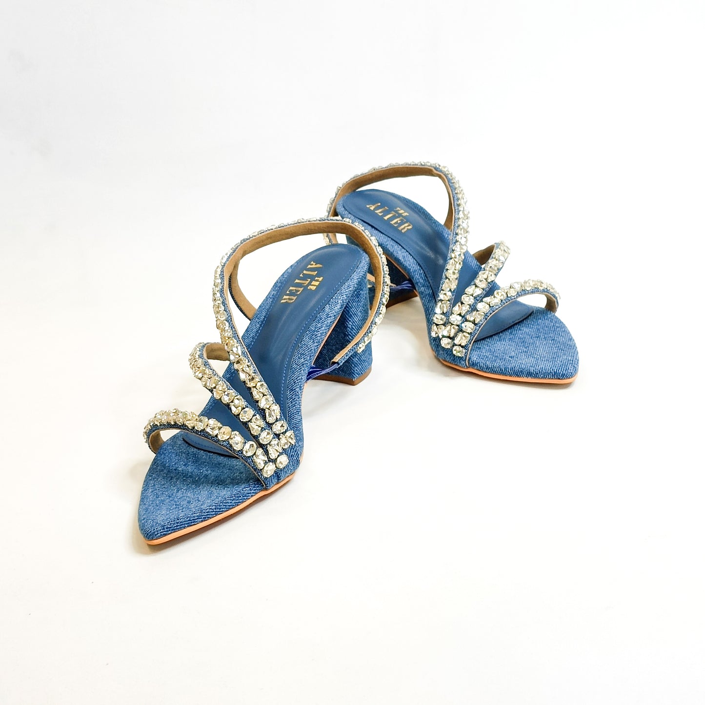 Kiara Denim Embellished Block Heels