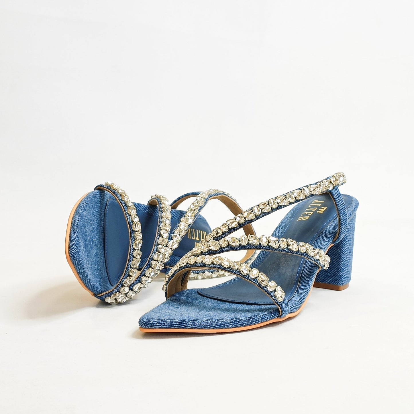 Kiara Denim Embellished Block Heels