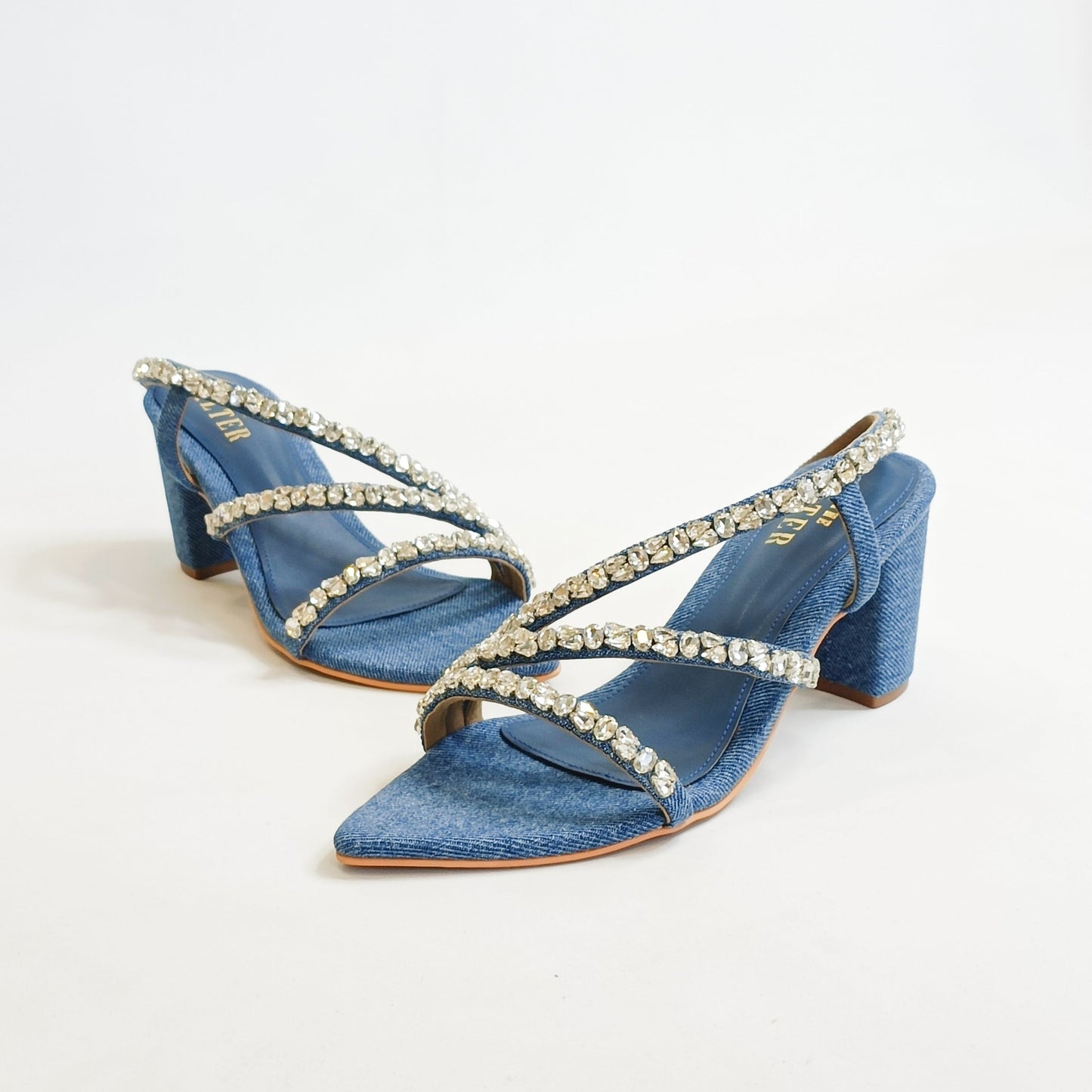 Kiara Denim Embellished Block Heels