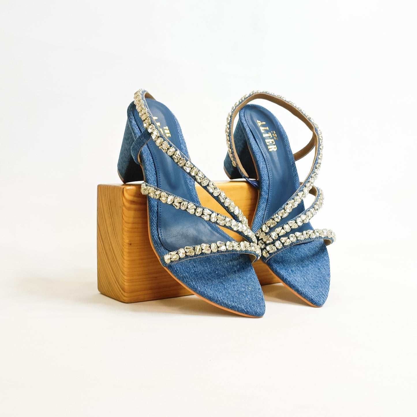 Kiara Denim Embellished Block Heels