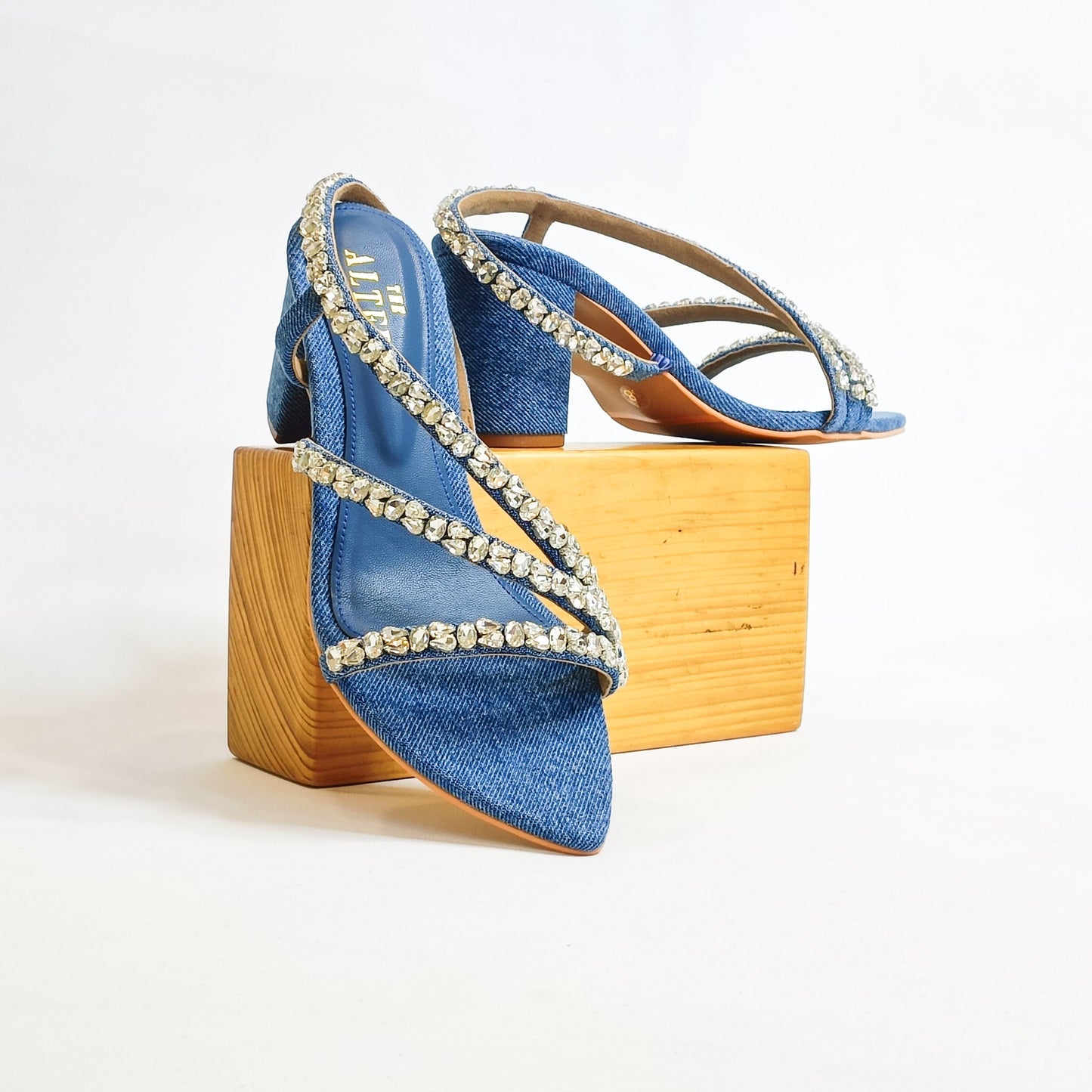 Kiara Denim Embellished Block Heels