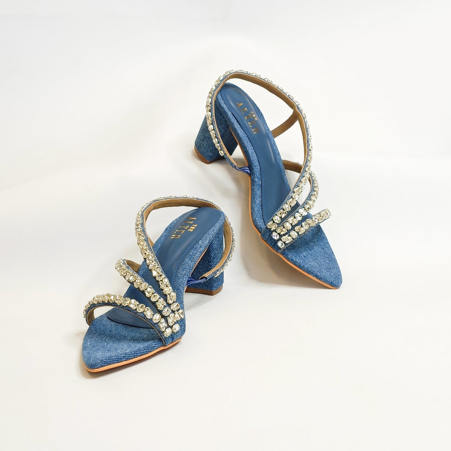 Kiara Denim Embellished Block Heels